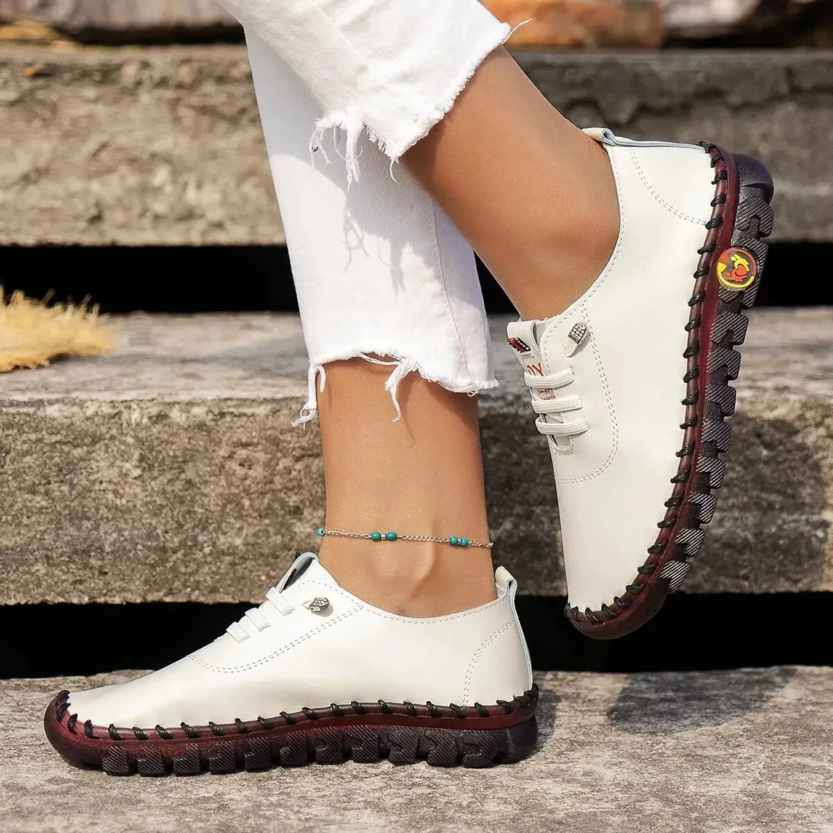 2022 New Spring Women's Casual Platform Loafers: Lace-Up Leather Flats and Slip-On Mom Shoes - Mujer Zapatos Chaussure Femme