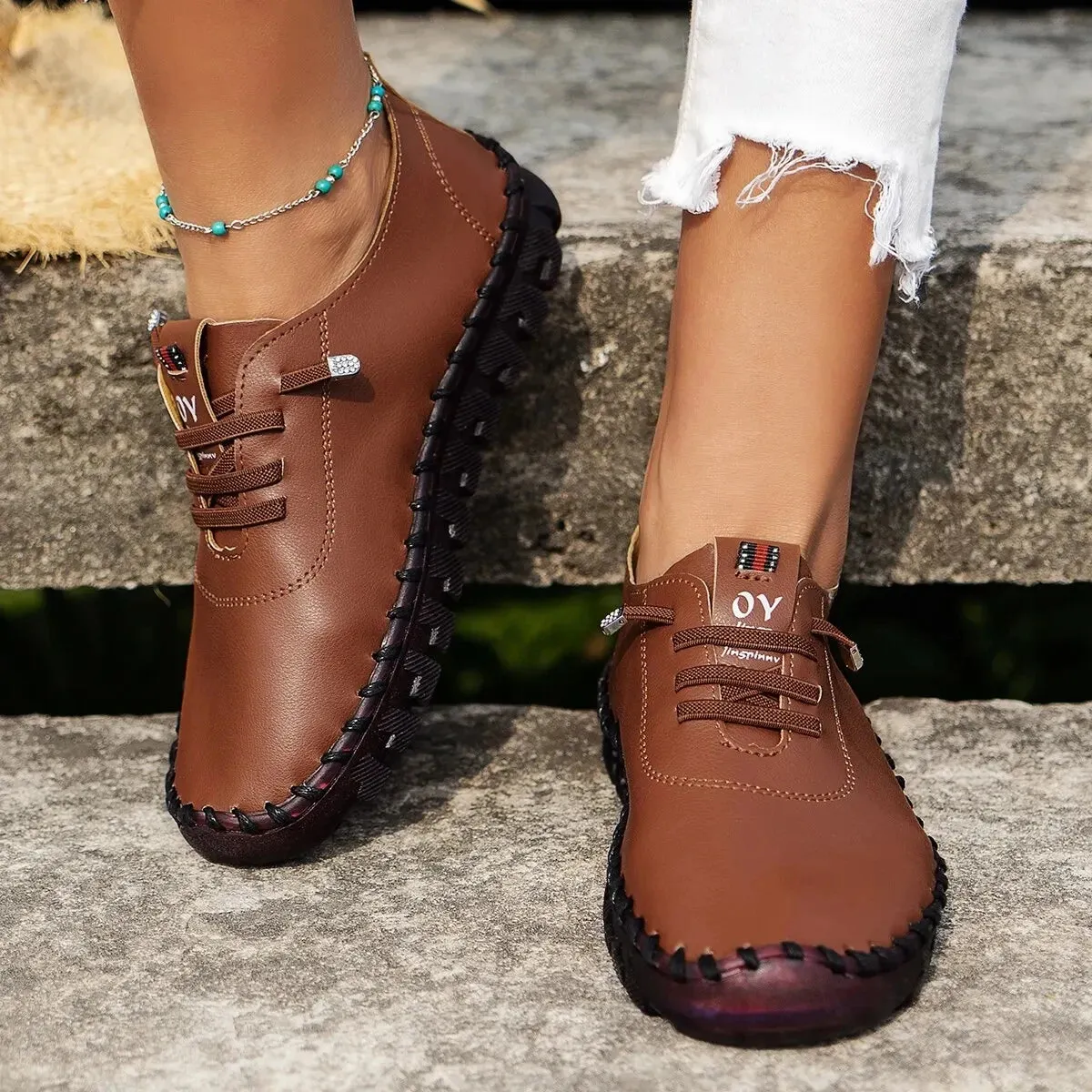 2022 New Spring Women's Casual Platform Loafers: Lace-Up Leather Flats and Slip-On Mom Shoes - Mujer Zapatos Chaussure Femme