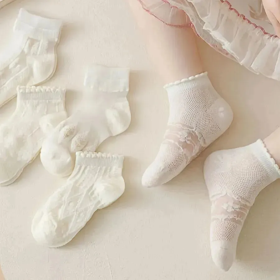 3 Pairs of Soft & Gentle Girls Ultra-thin Crew Socks - Exceptionally Comfy, Breathable, and Super Thin - Adorable Princess Style for Spring and Summer Seasons