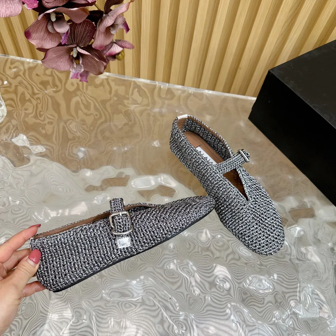 Alaia Ballet Flats In Dark Grey Stretch Woven Sedge 102278