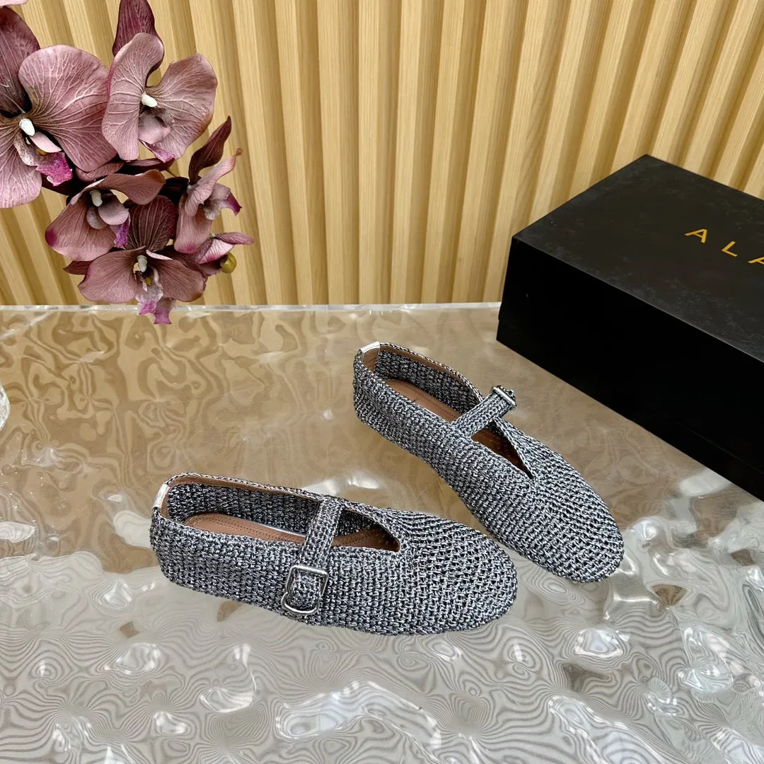 Alaia Ballet Flats In Dark Grey Stretch Woven Sedge 102278