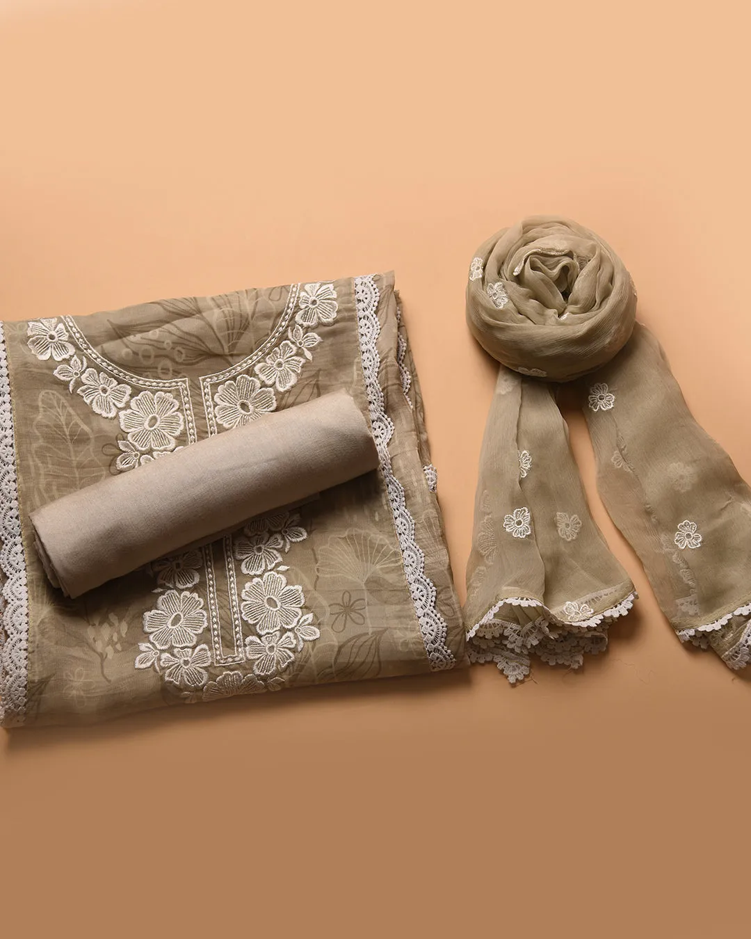 Beige Viscose Organza Digital Printed With Embroidery Unstitched Suit Fabric Set With Chiffon Dupatta