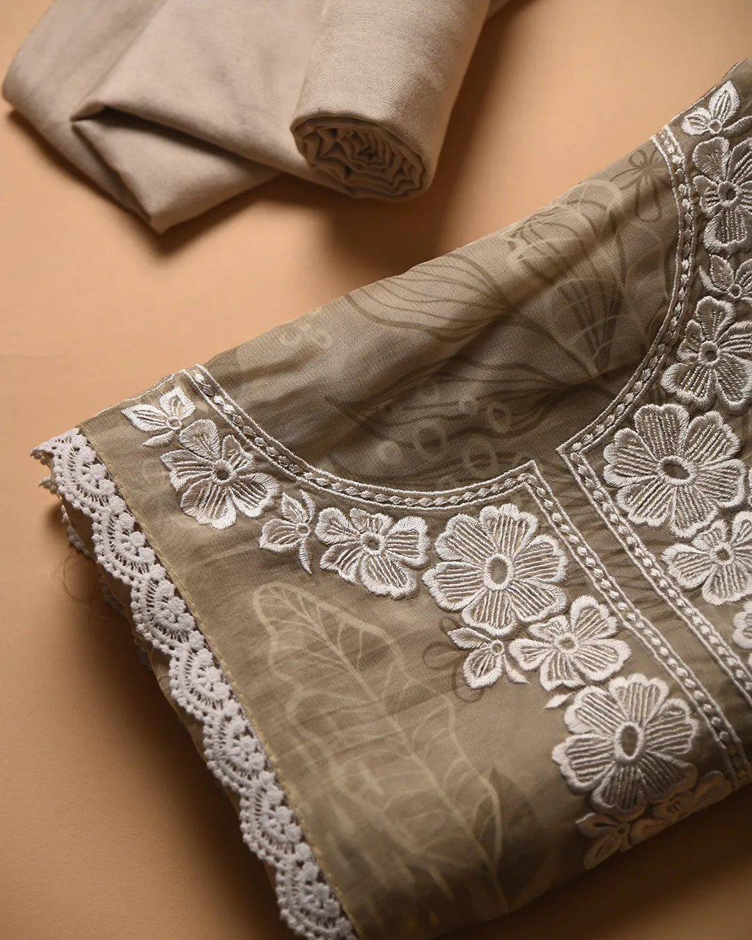 Beige Viscose Organza Digital Printed With Embroidery Unstitched Suit Fabric Set With Chiffon Dupatta