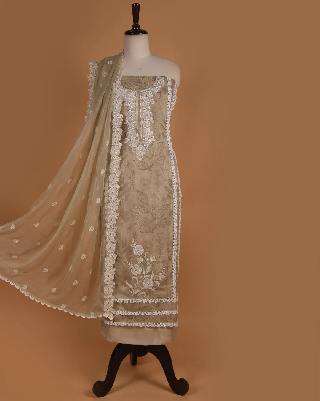 Beige Viscose Organza Digital Printed With Embroidery Unstitched Suit Fabric Set With Chiffon Dupatta