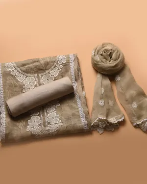 Beige Viscose Organza Digital Printed With Embroidery Unstitched Suit Fabric Set With Chiffon Dupatta