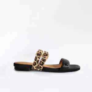 Black Flat Swap Sandal Double Leopard