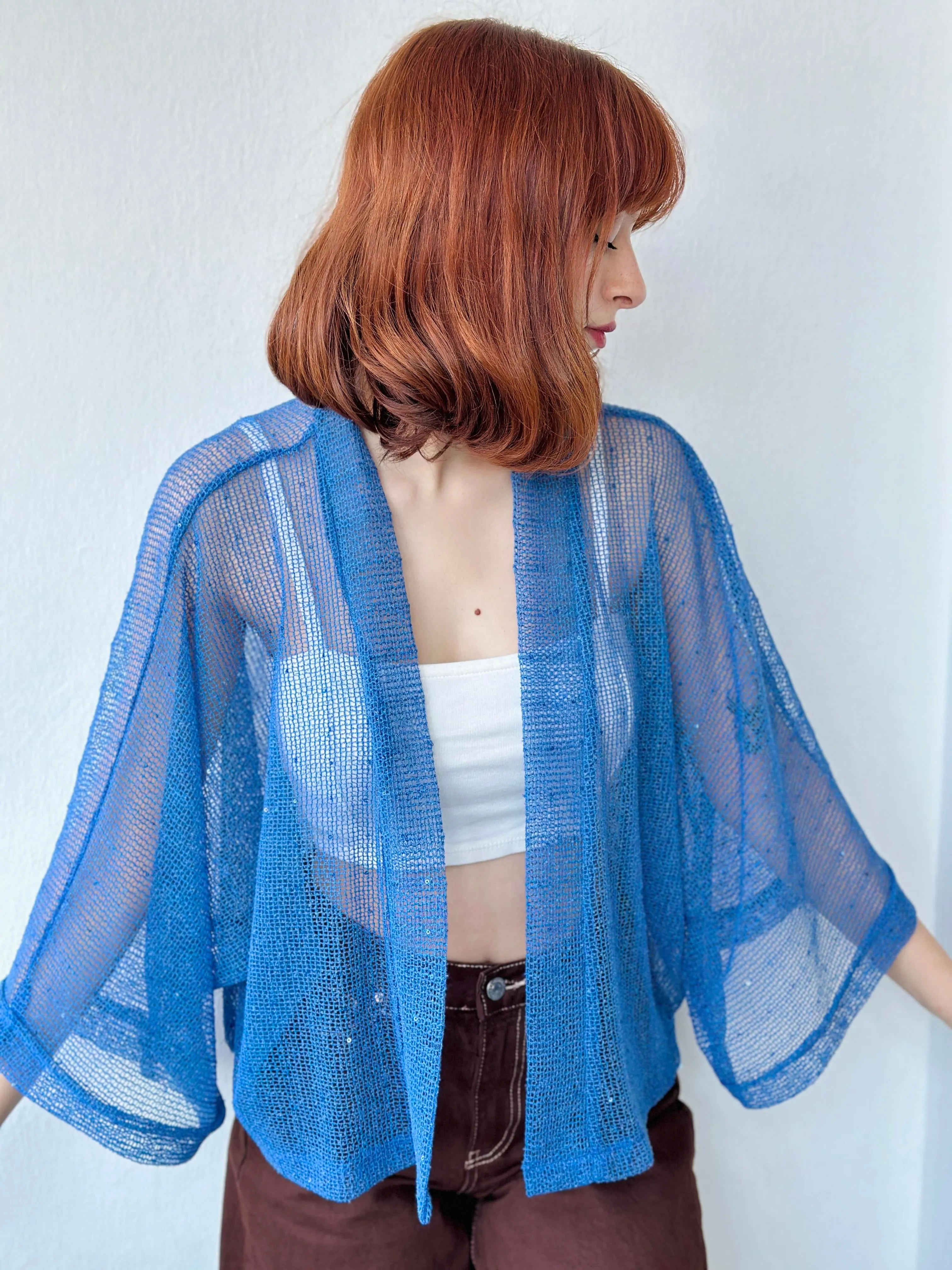 Blue Perforated Mesh Model Mini Kimono