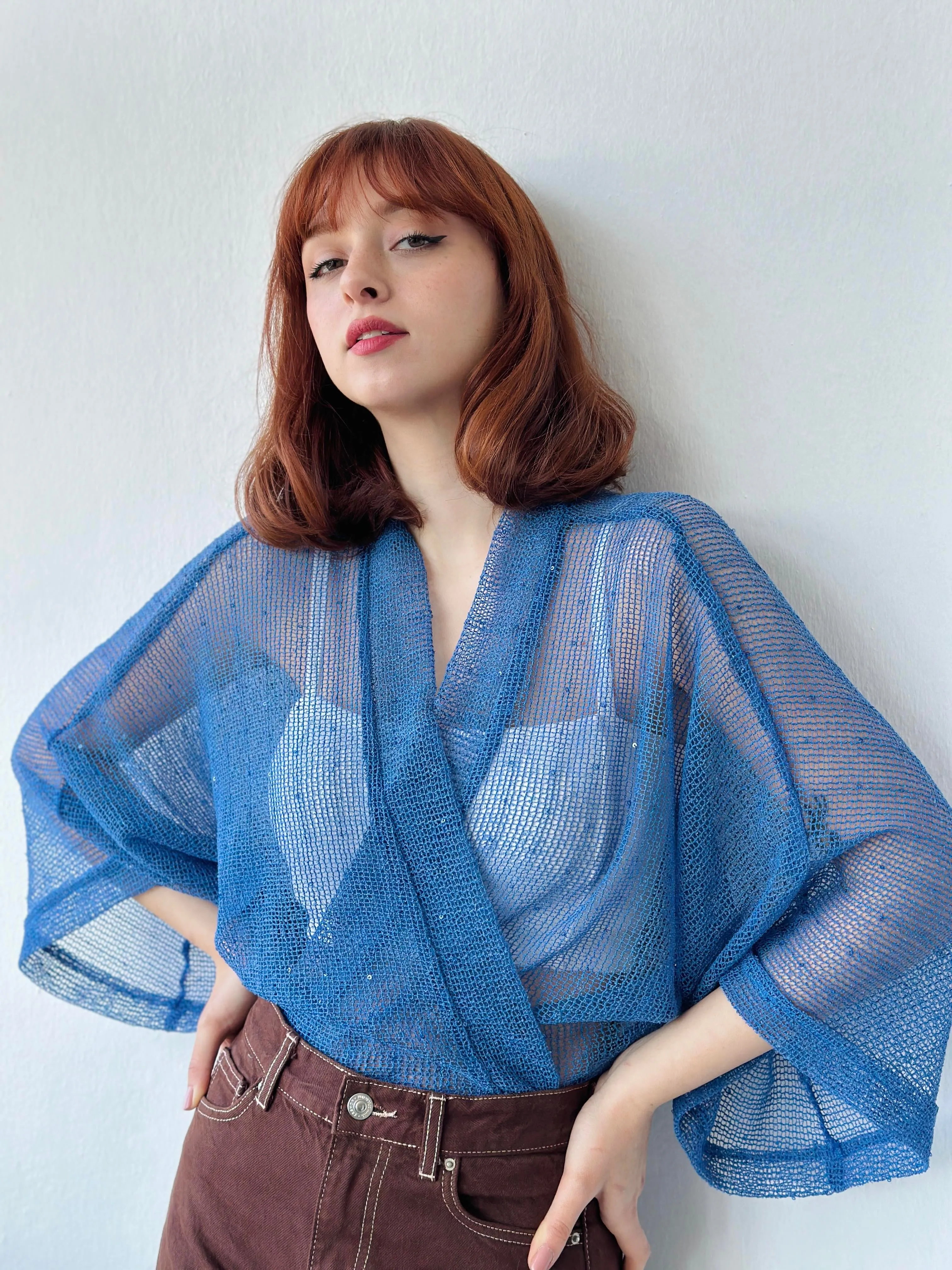 Blue Perforated Mesh Model Mini Kimono