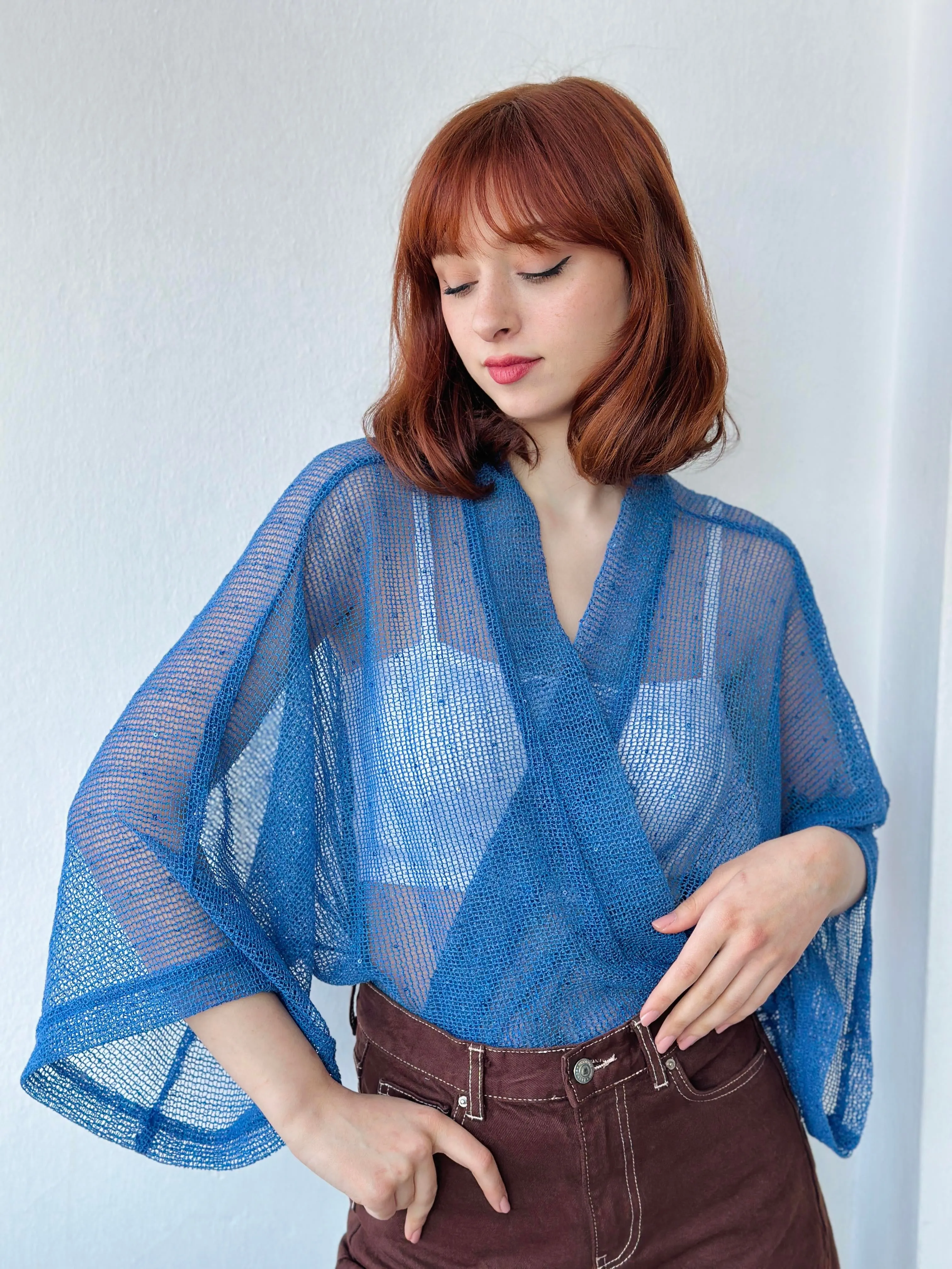Blue Perforated Mesh Model Mini Kimono