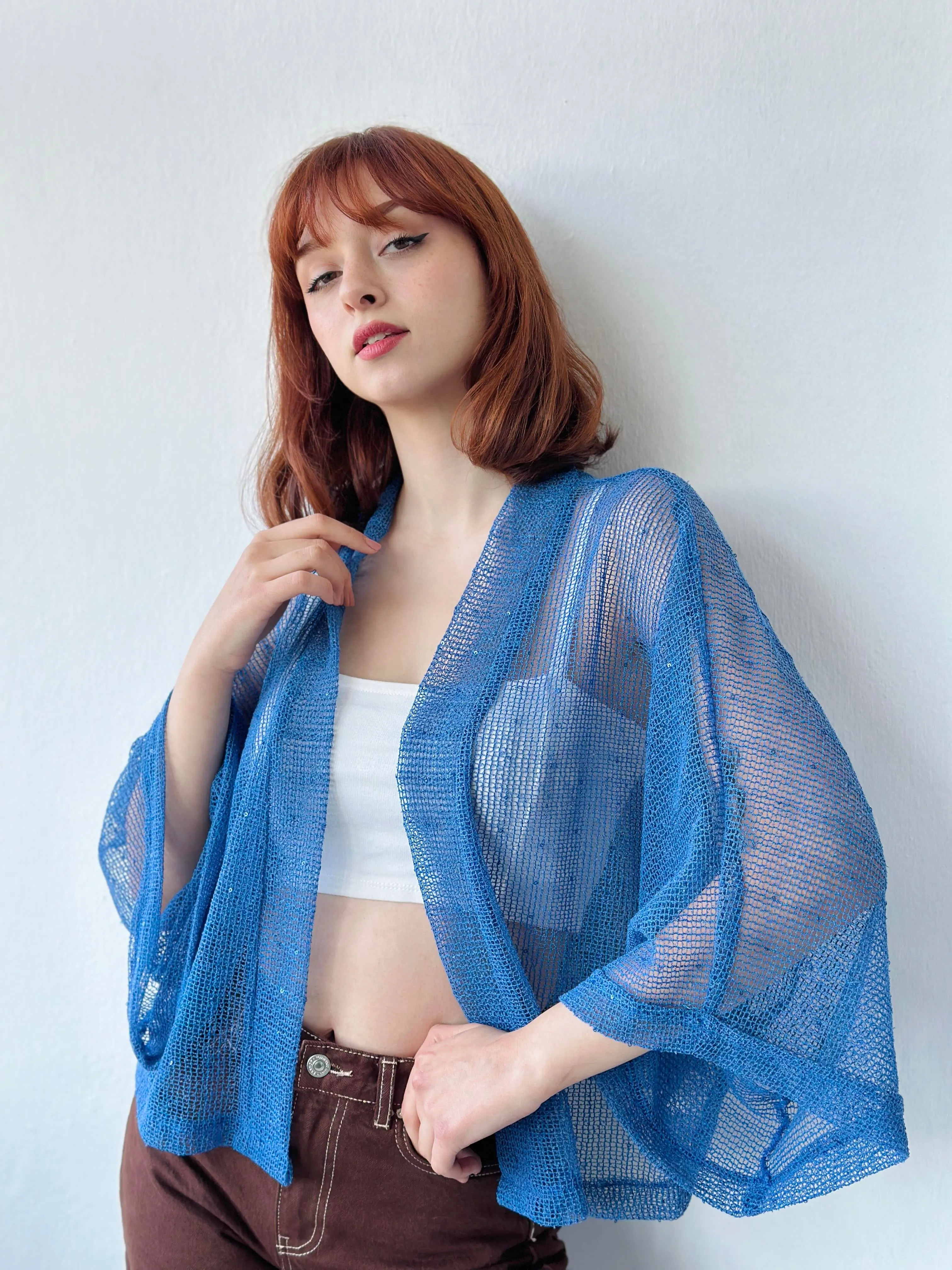 Blue Perforated Mesh Model Mini Kimono