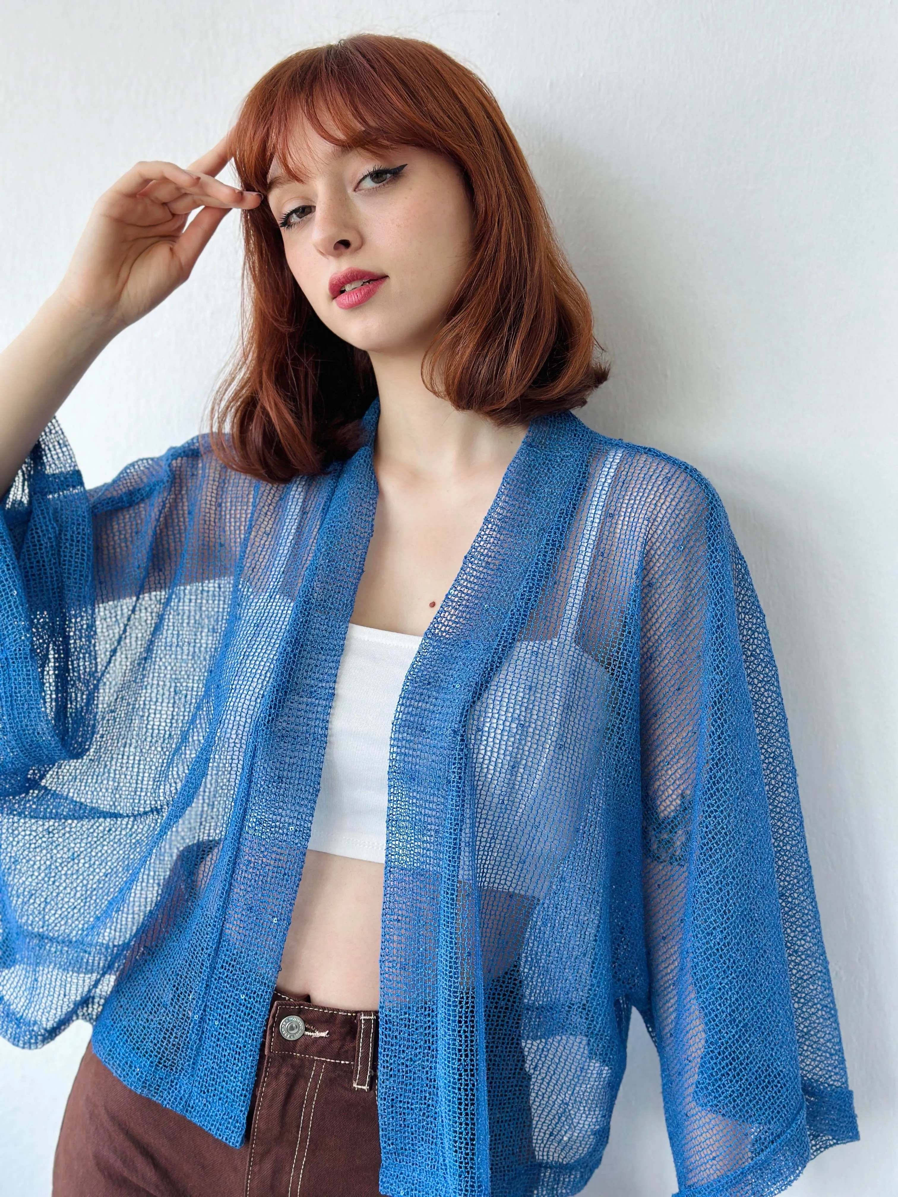 Blue Perforated Mesh Model Mini Kimono