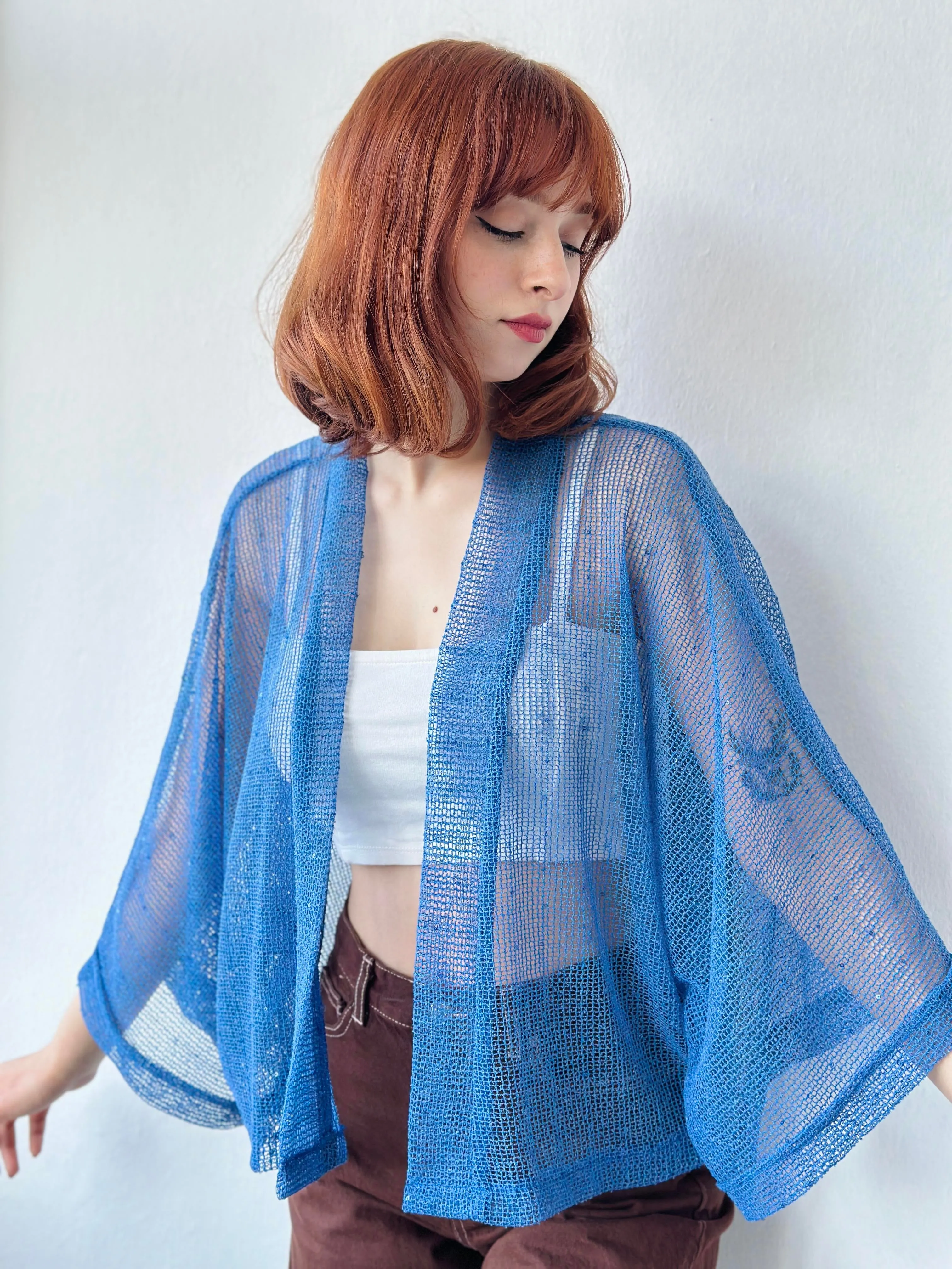 Blue Perforated Mesh Model Mini Kimono