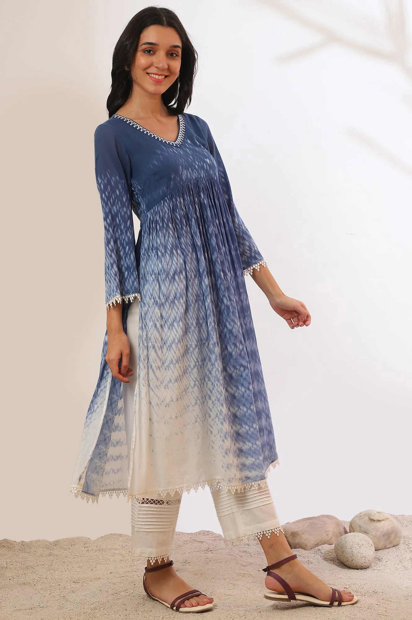 Blue Printed Pure Cotton Flarred Kurta with Palazzo & Dupatta Set