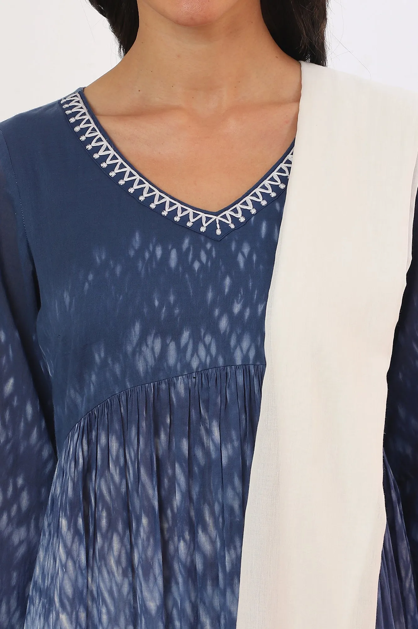 Blue Printed Pure Cotton Flarred Kurta with Palazzo & Dupatta Set