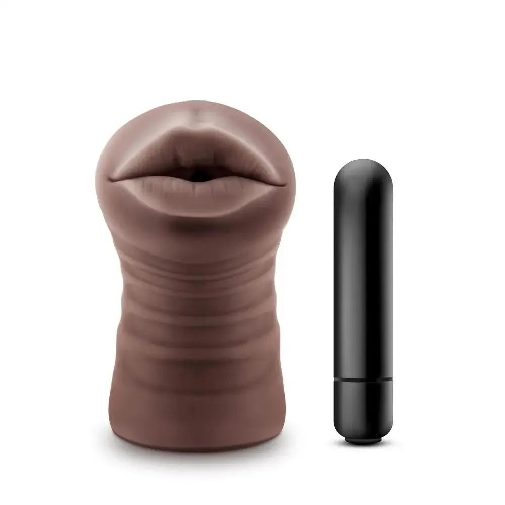 Blush Novelties Stretchy Realistic Feel Brown Mouth Vibrating Masturbator