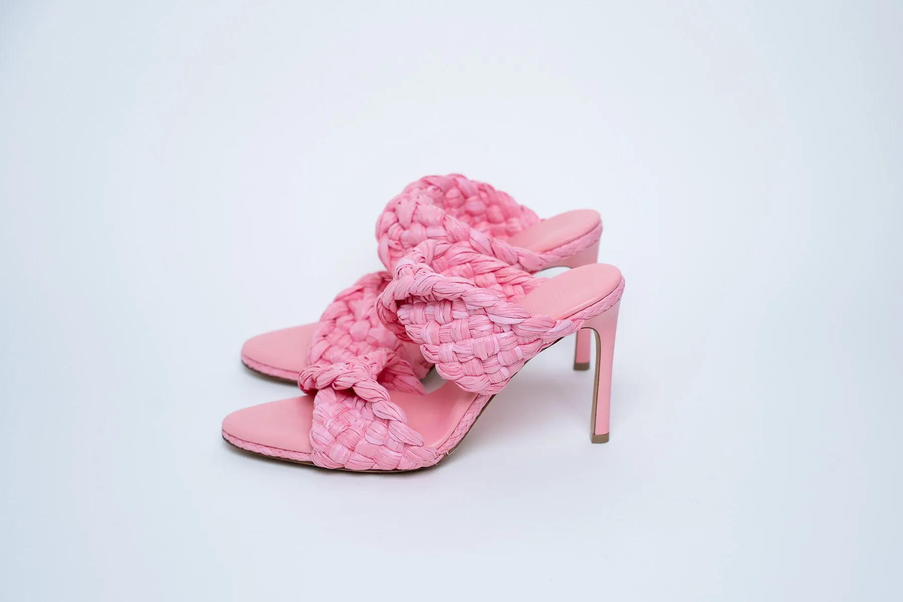 Bottega Veneta Woven Raffia Pink Heeled Sandals Size 39.5