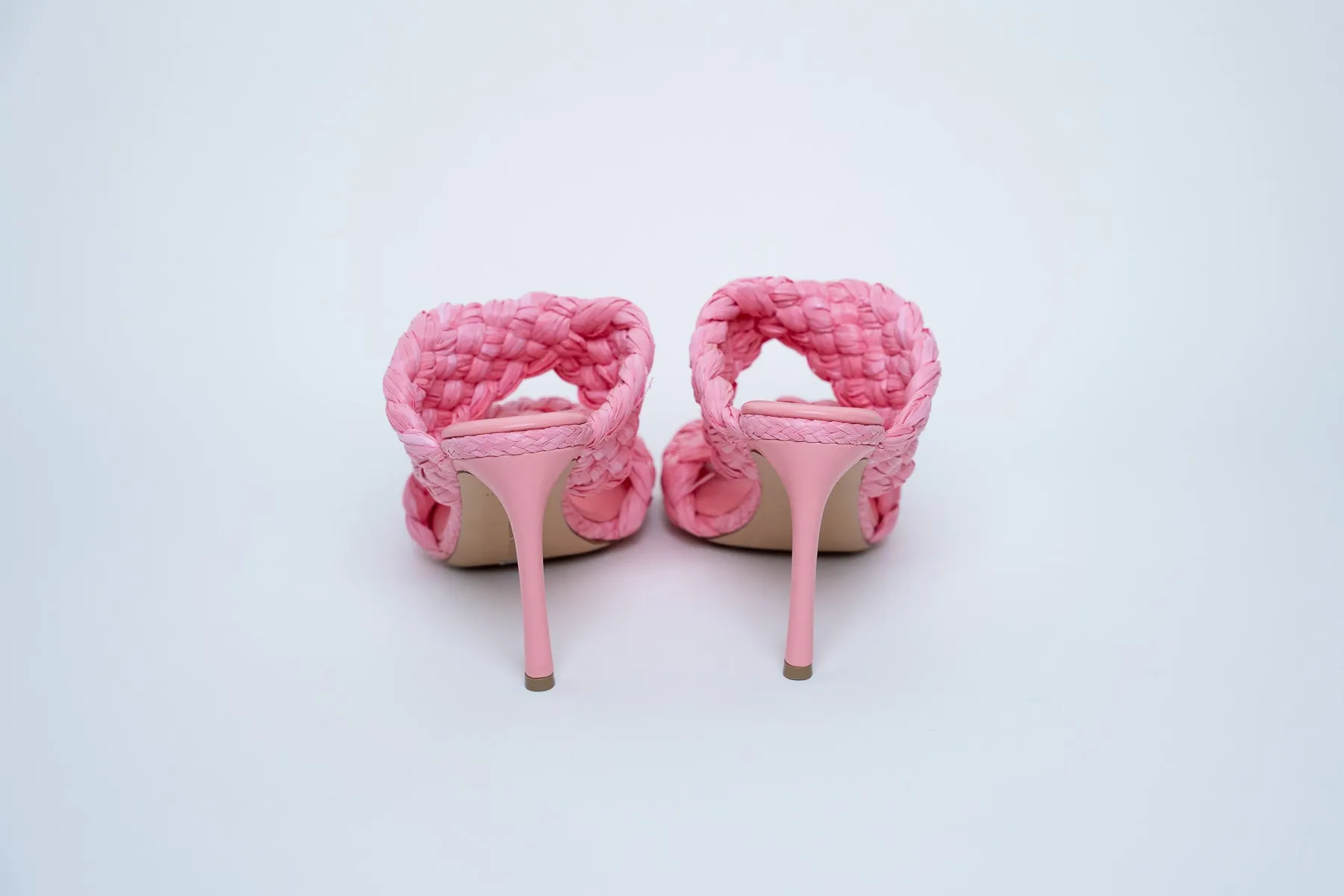 Bottega Veneta Woven Raffia Pink Heeled Sandals Size 39.5