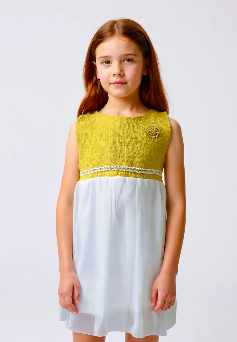 Bright Yellow Tweed Dress and Cardigan Set with Brooch (CC147)
