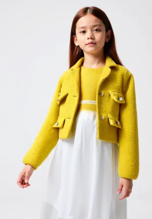 Bright Yellow Tweed Dress and Cardigan Set with Brooch (CC147)