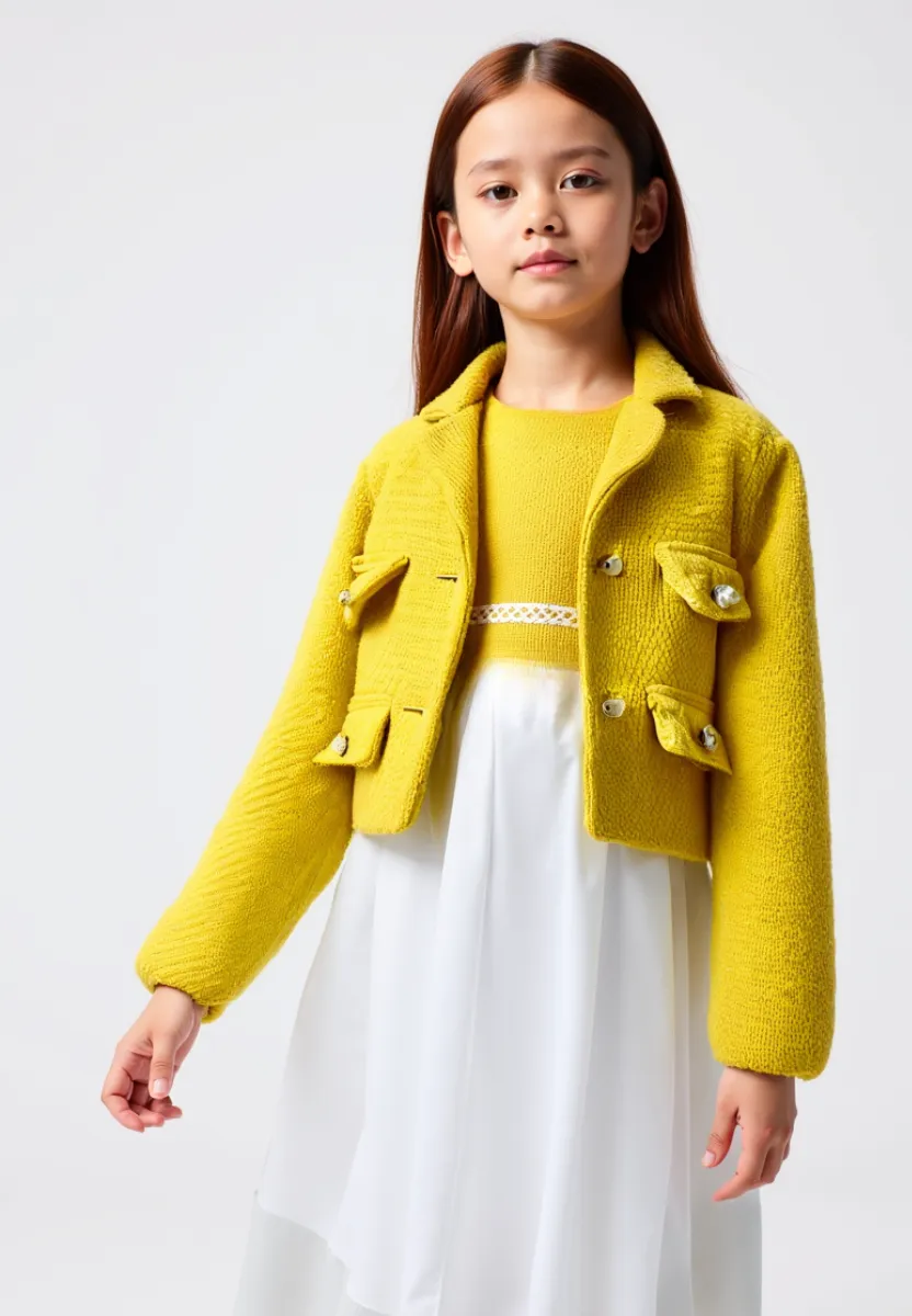 Bright Yellow Tweed Dress and Cardigan Set with Brooch (CC147)