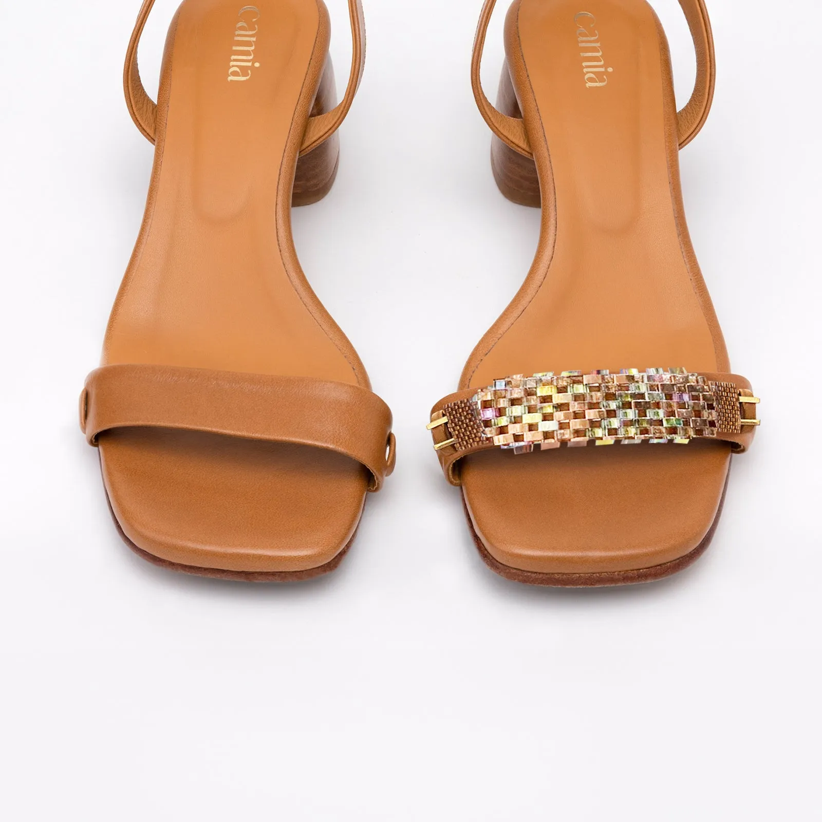 Camel Heeled Swap Sandal Sandy with Gladiator