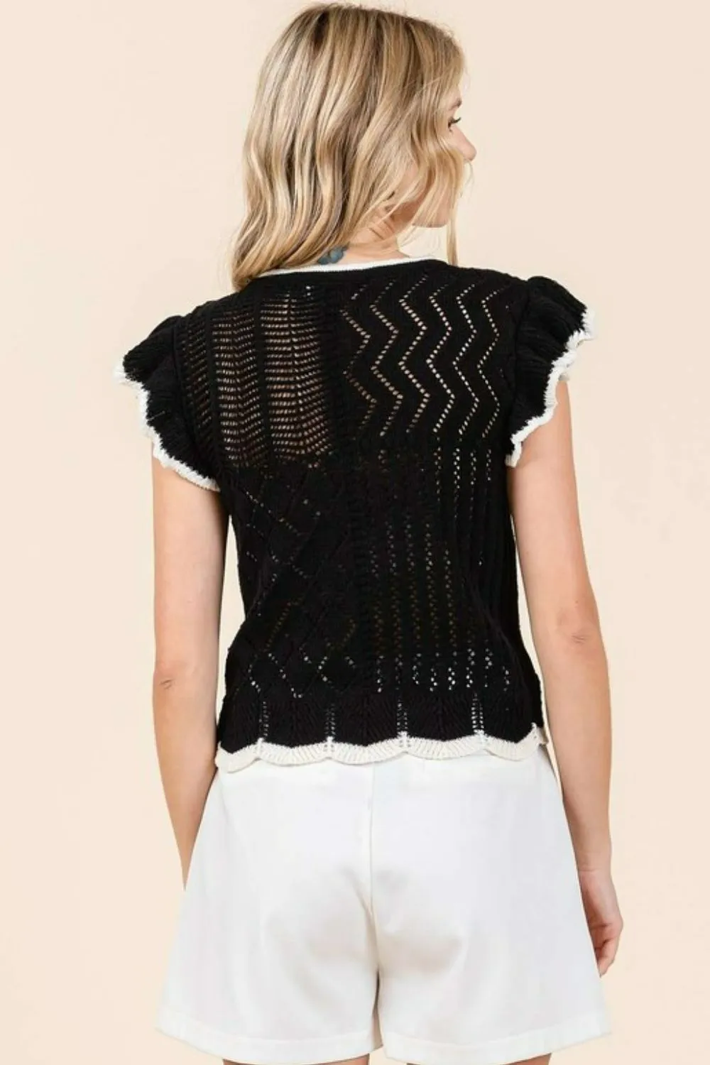 Chic Cap Sleeves: Mittoshop’s Openwork Knit Top With Contrast Trim Is In