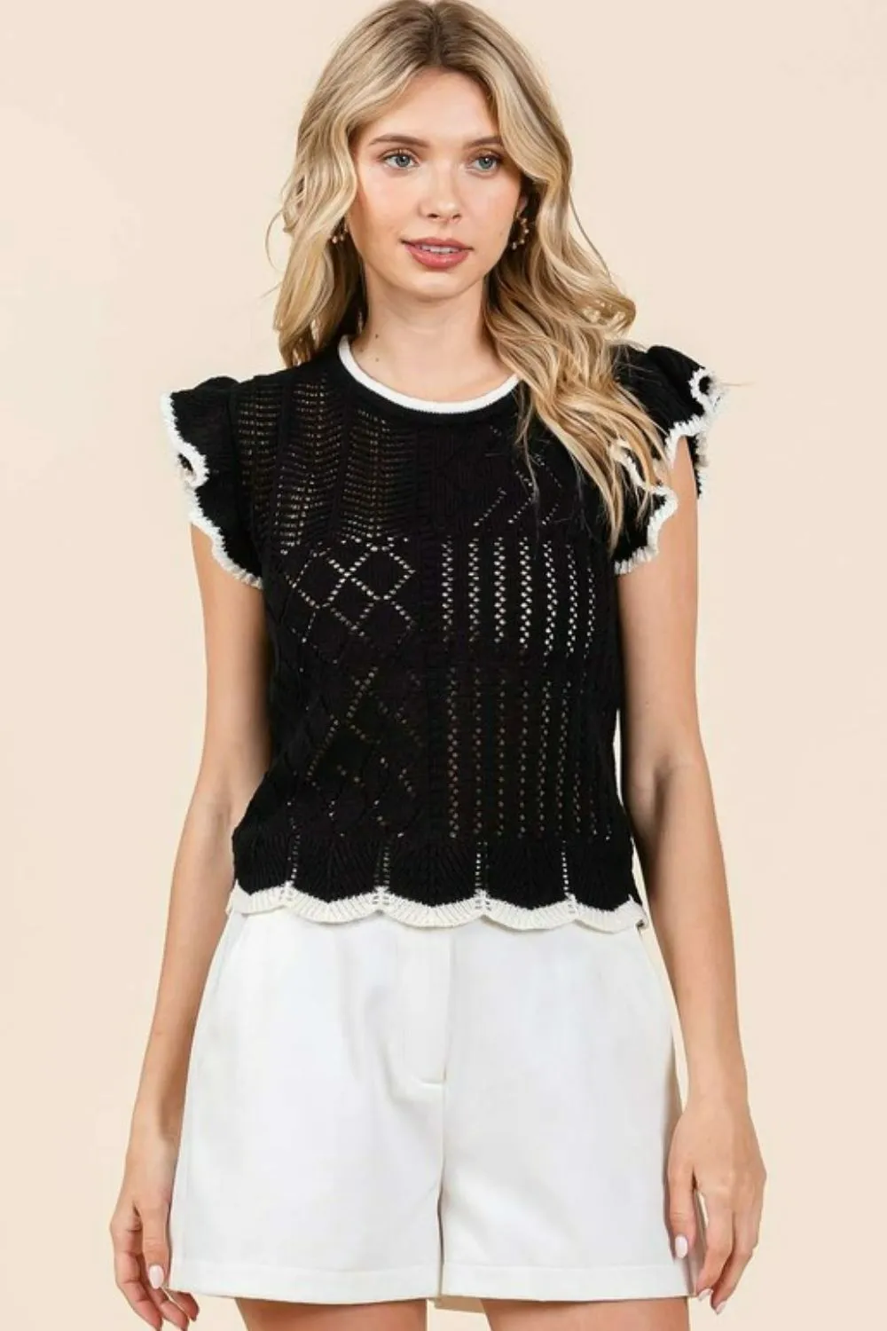 Chic Cap Sleeves: Mittoshop’s Openwork Knit Top With Contrast Trim Is In