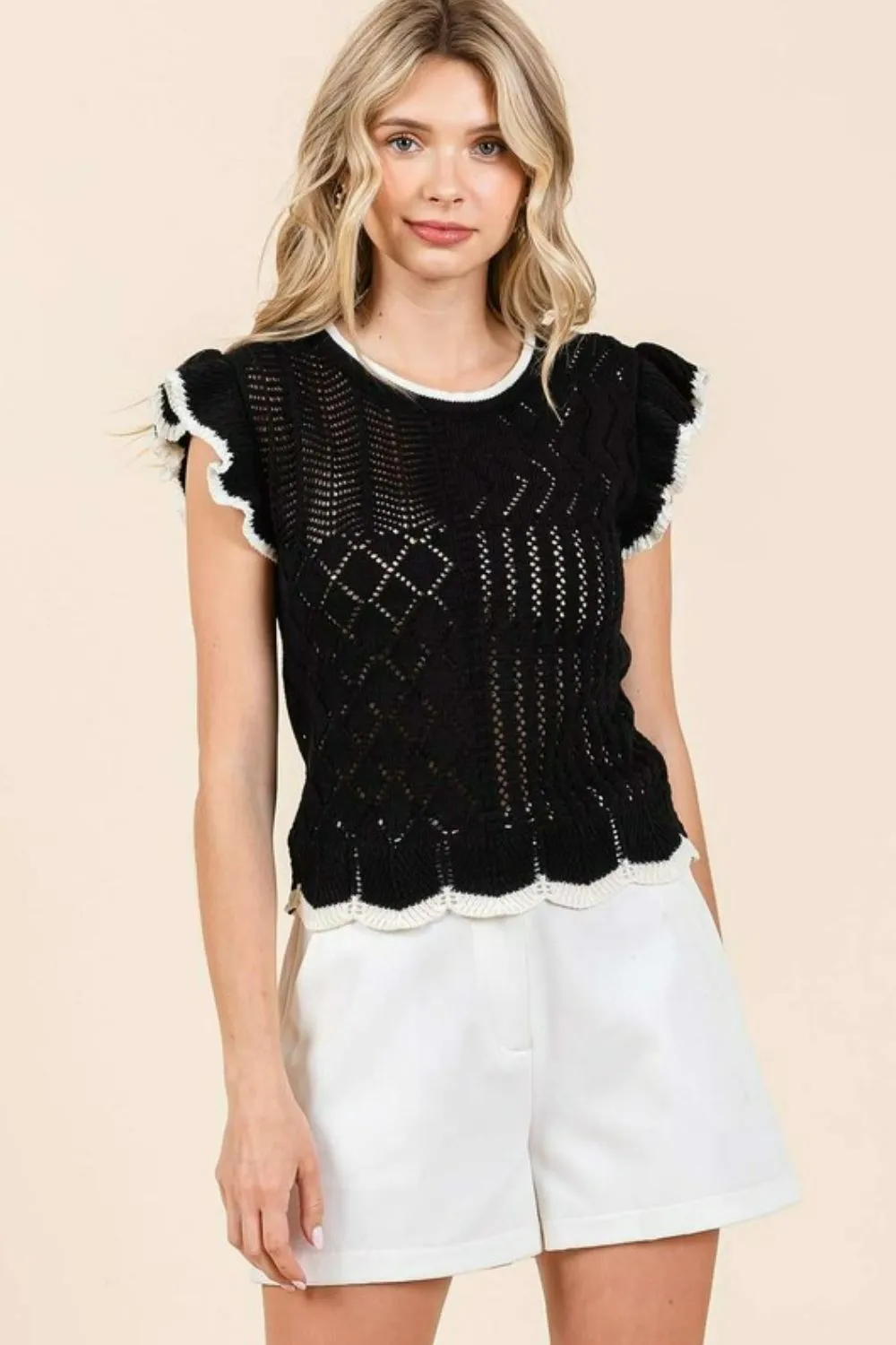 Chic Cap Sleeves: Mittoshop’s Openwork Knit Top With Contrast Trim Is In