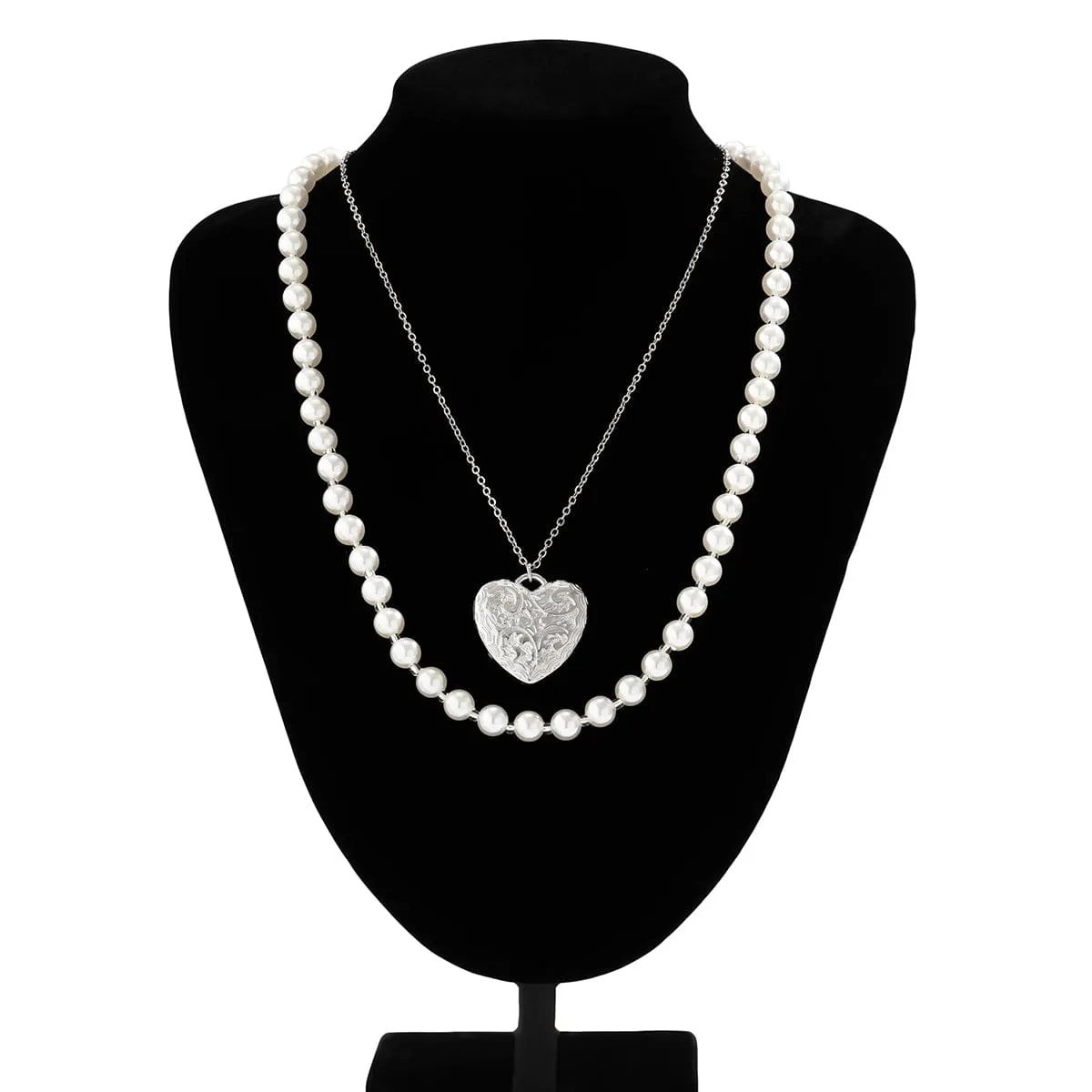 Chic Layered Floral Heart Pendant Pearl Chain Necklace Set