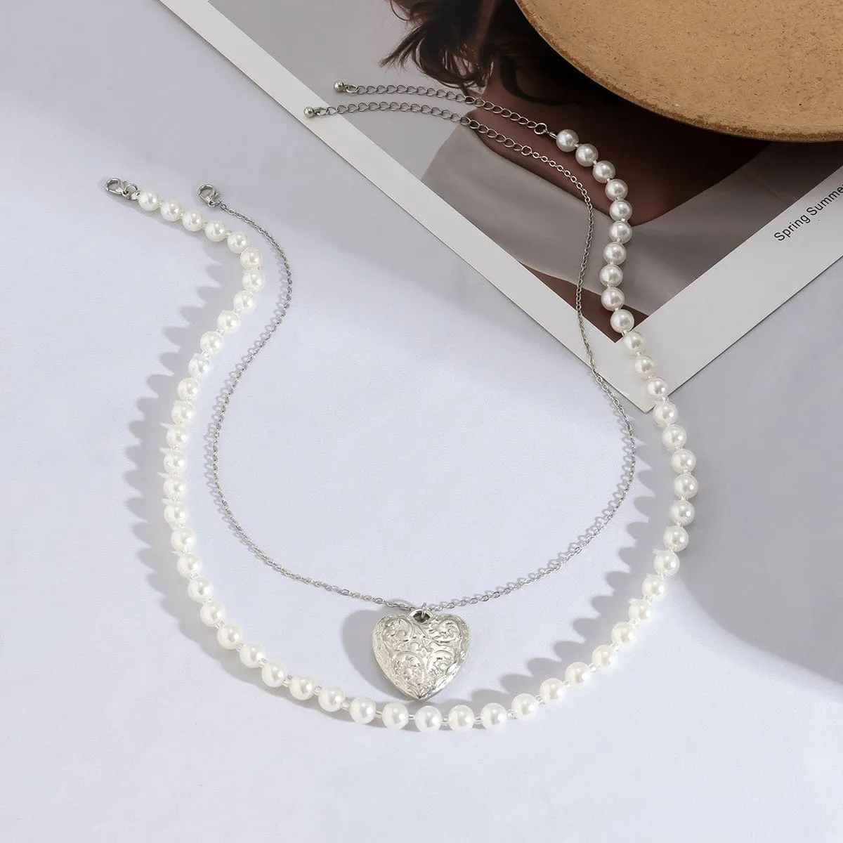 Chic Layered Floral Heart Pendant Pearl Chain Necklace Set