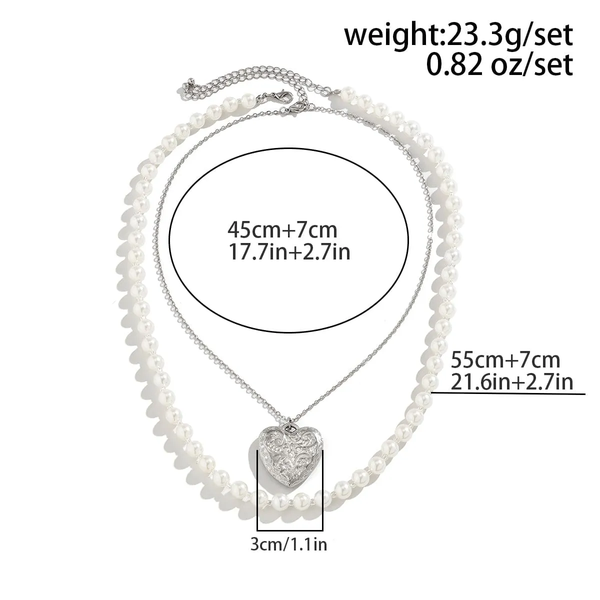 Chic Layered Floral Heart Pendant Pearl Chain Necklace Set