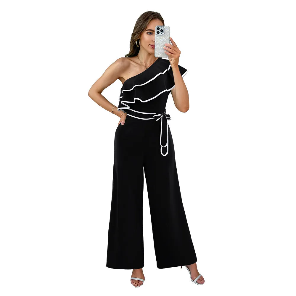 Chic Slash Shoulder Belted Wide-Leg Jumpsuit for Effortless Elegance