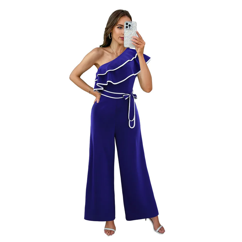 Chic Slash Shoulder Belted Wide-Leg Jumpsuit for Effortless Elegance