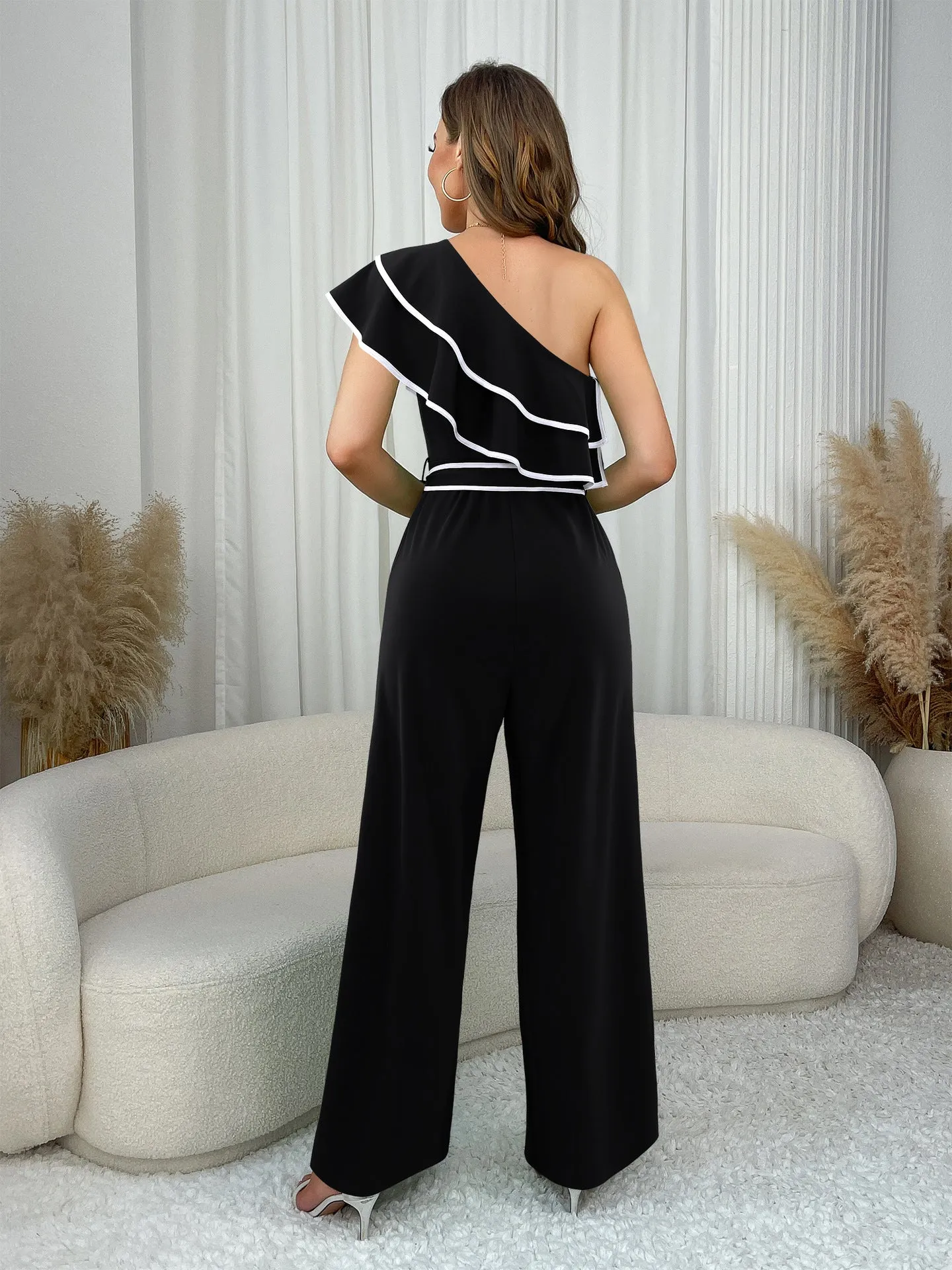 Chic Slash Shoulder Belted Wide-Leg Jumpsuit for Effortless Elegance