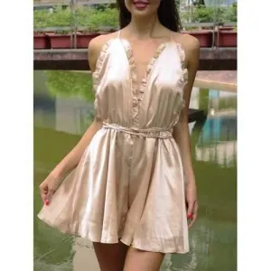 Chic Spaghetti Strap Backless Romper - Champagne Gold S