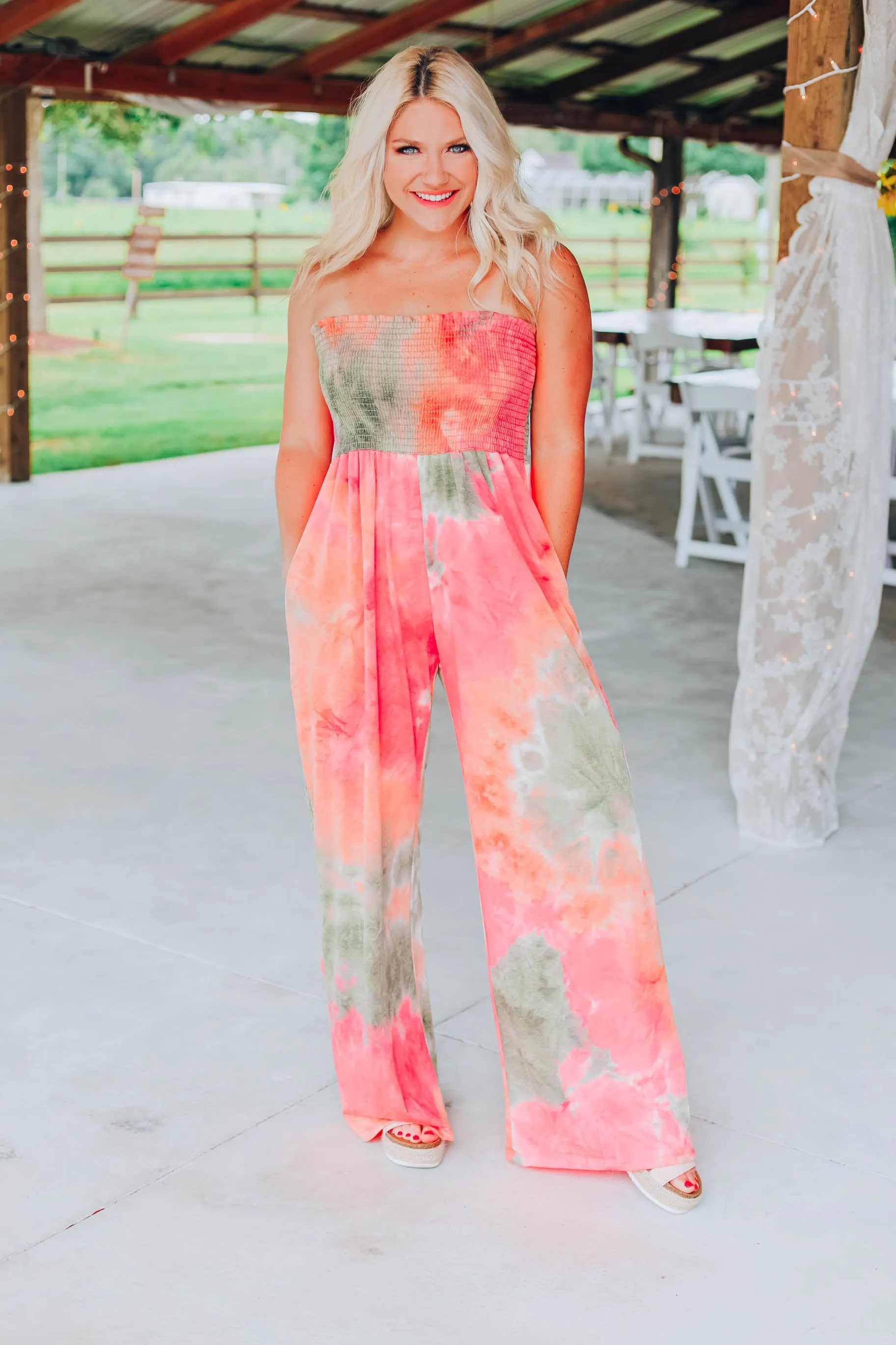 Chic Vibes Tie Dye Jumpsuit - Coral/Multi