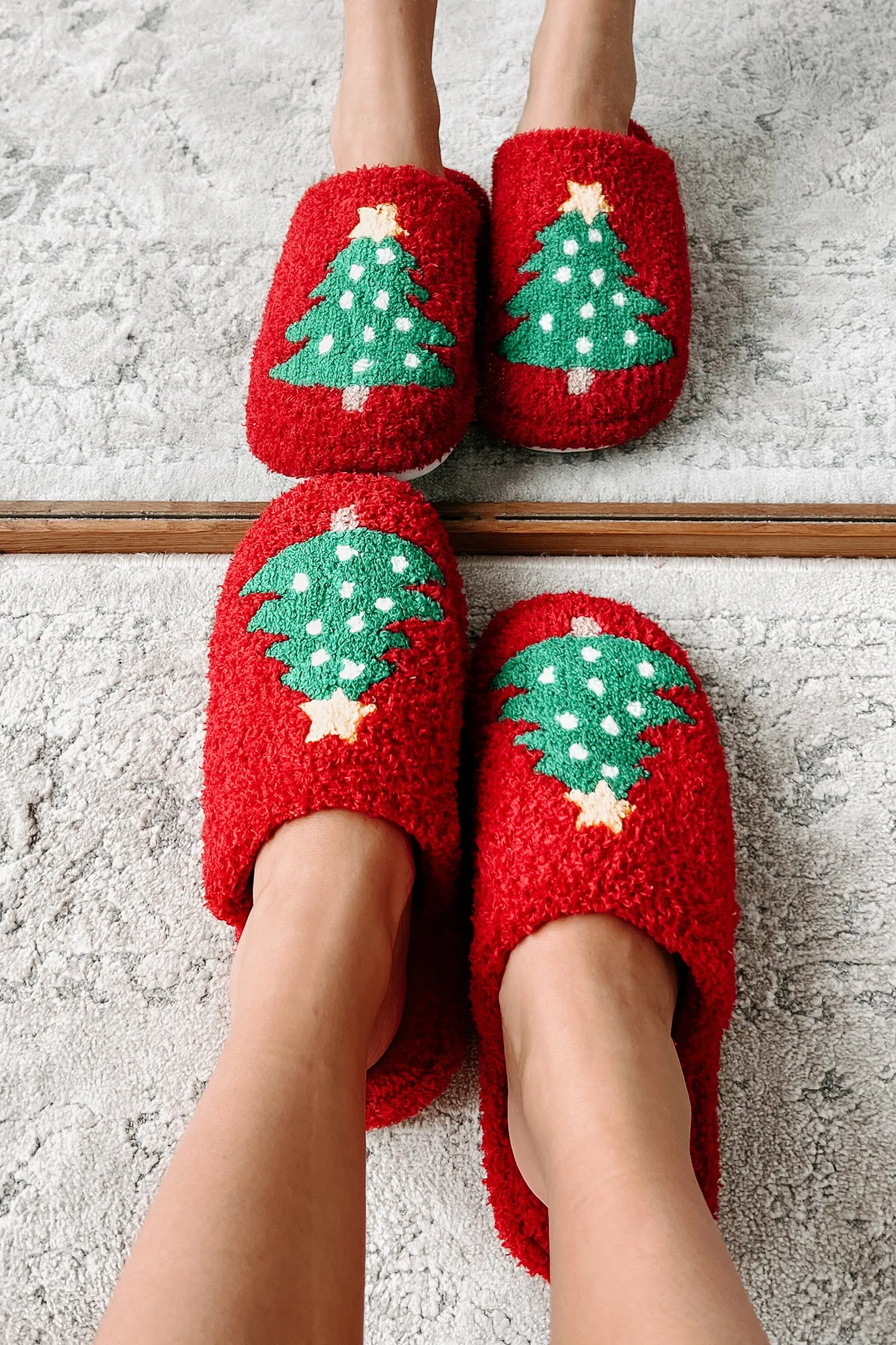 Doing Just Pine Fuzzy Christmas Tree Slippers (Red)