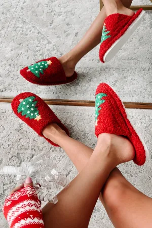 Doing Just Pine Fuzzy Christmas Tree Slippers (Red)