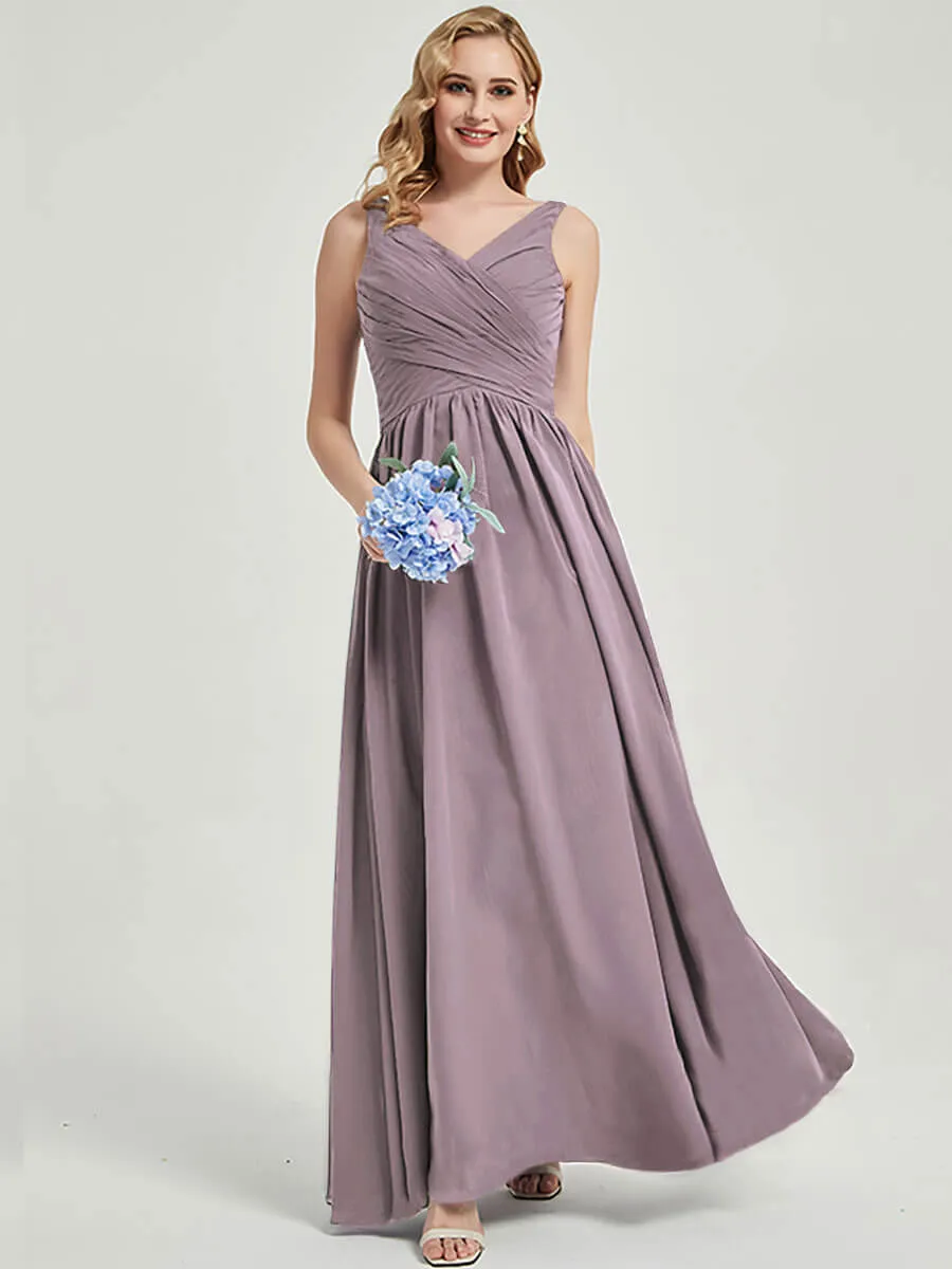Dusk Wide Straps Sleeveless V-Neck Pleated Flowy Bridesmaid Dress