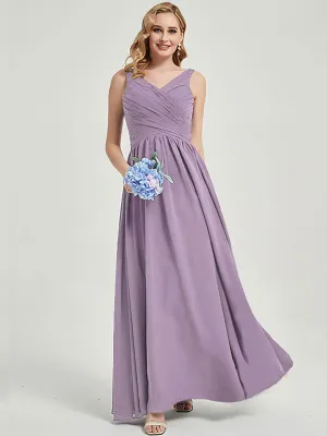 Dusty Purple Wide Straps Sleeveless V-Neck Pleated Bridesmaid Dress