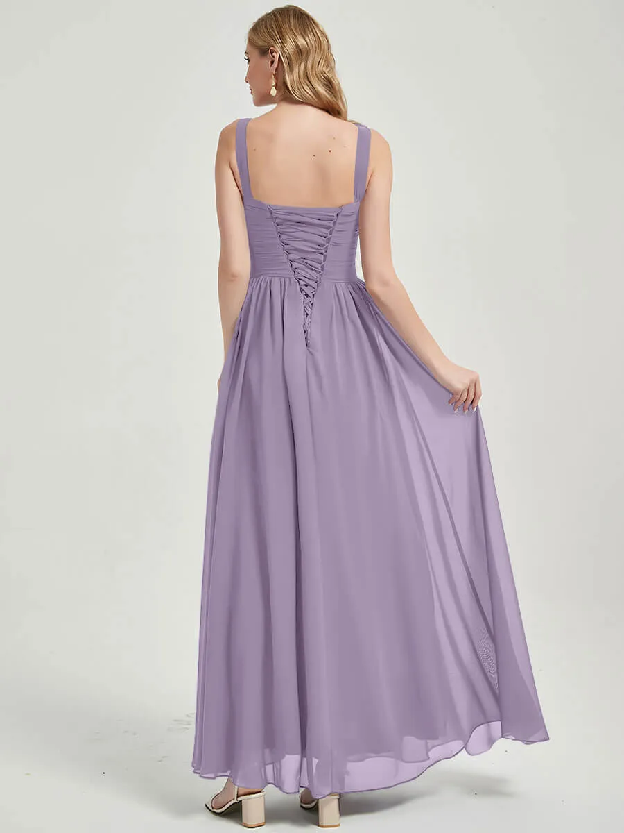 Dusty Purple Wide Straps Sleeveless V-Neck Pleated Bridesmaid Dress