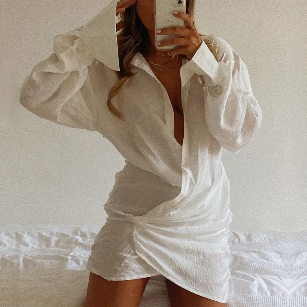 Effortlessly Chic Deep V-Neck Linen Shirt Dress Elegance