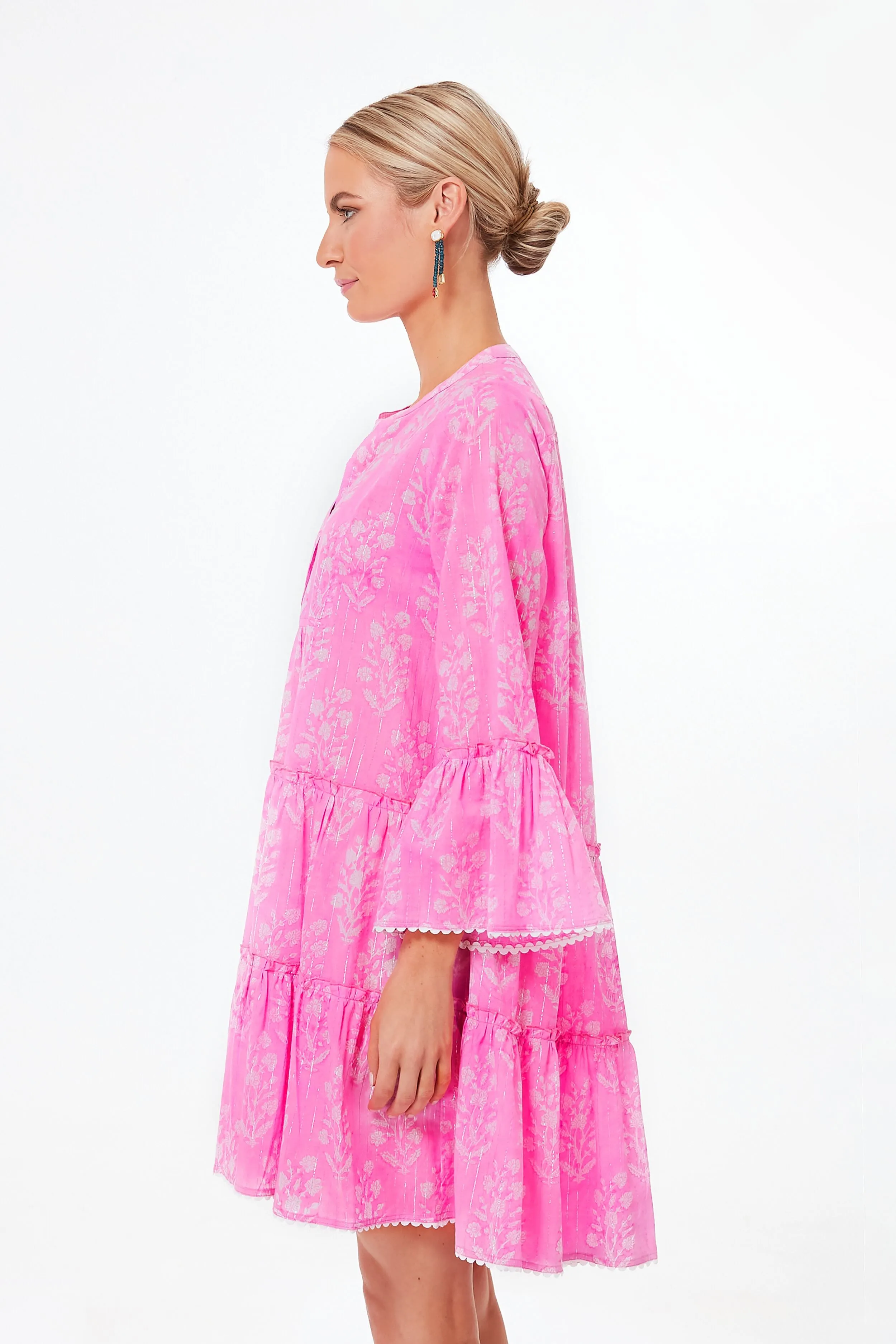 Exclusive Orchid Small Flower Lurex Flared Sleeve Dress