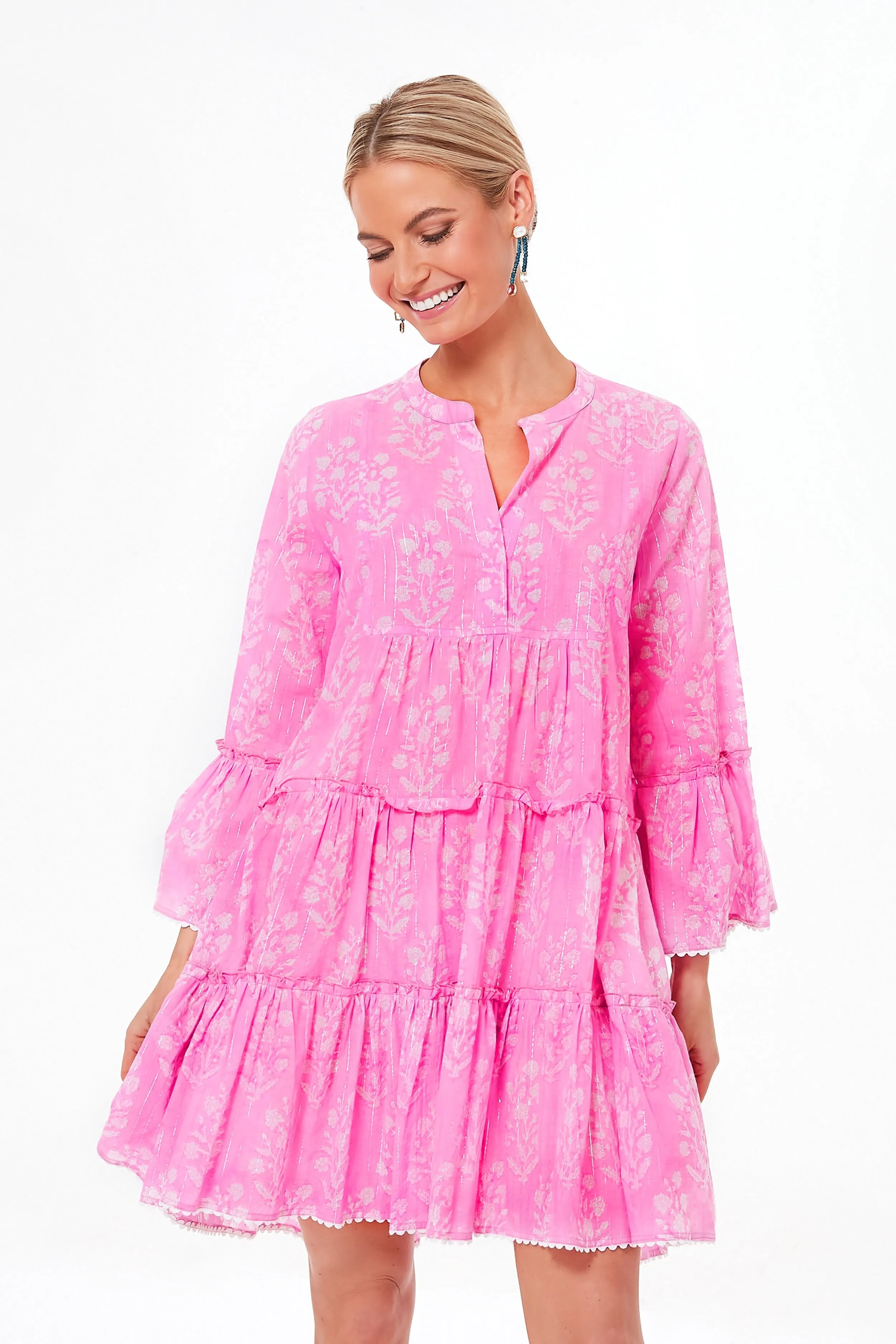 Exclusive Orchid Small Flower Lurex Flared Sleeve Dress