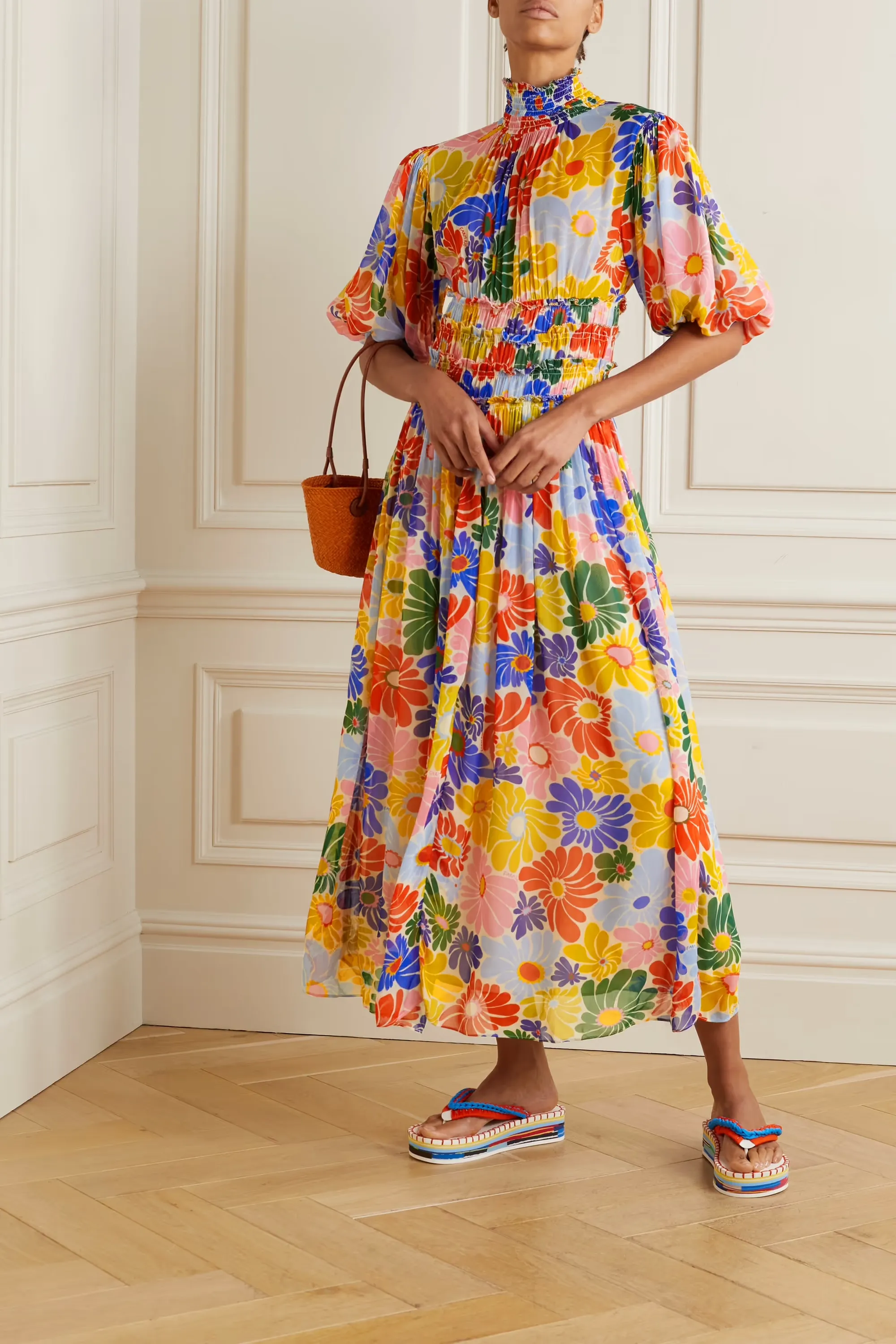 Farm Rio Gathered Floral-Print Dress
