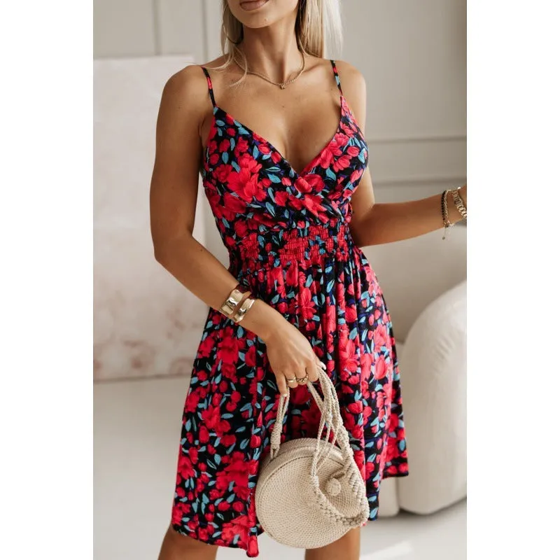 Fashion Flowers Print Flower Print Suspender Dress V-Neck Pleated Short Dresses for Beach Womens Clothing