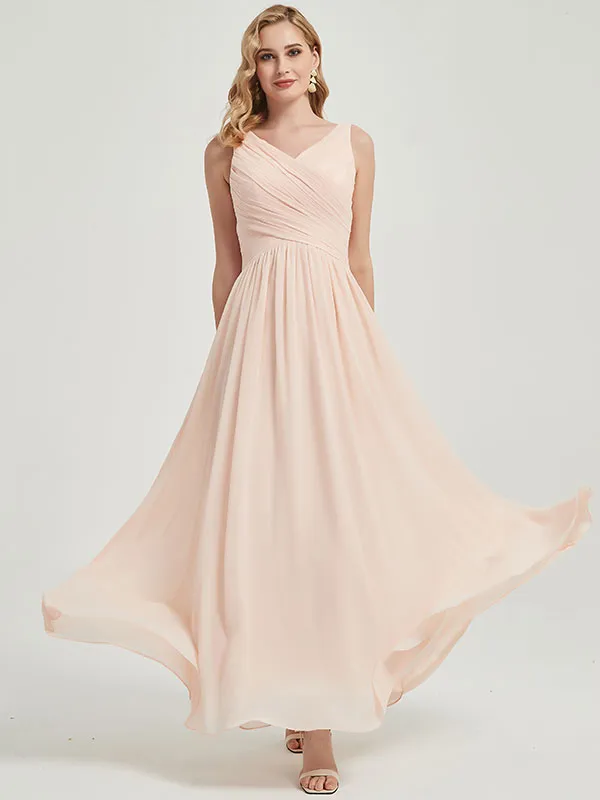 [Final Sale] Cinnamon Rose Wide Straps Sleeveless V-Neck Pleated Bridesmaid Dress