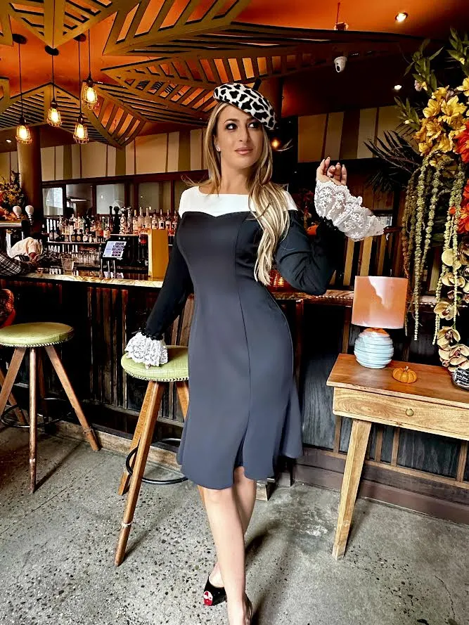 Fit and Flare Colorblock Crepe Dress with Lace Trim at Cuffs