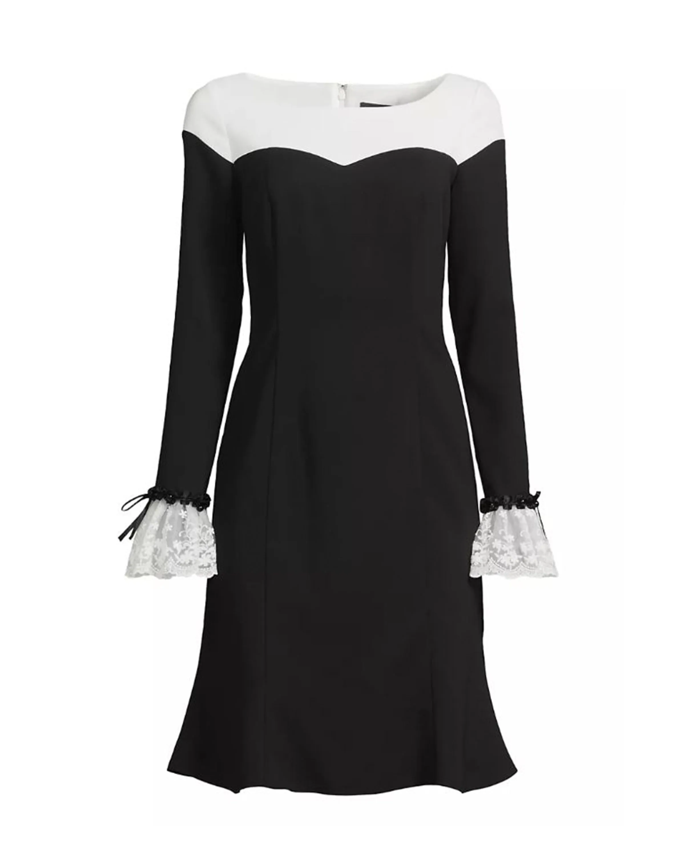 Fit and Flare Colorblock Crepe Dress with Lace Trim at Cuffs