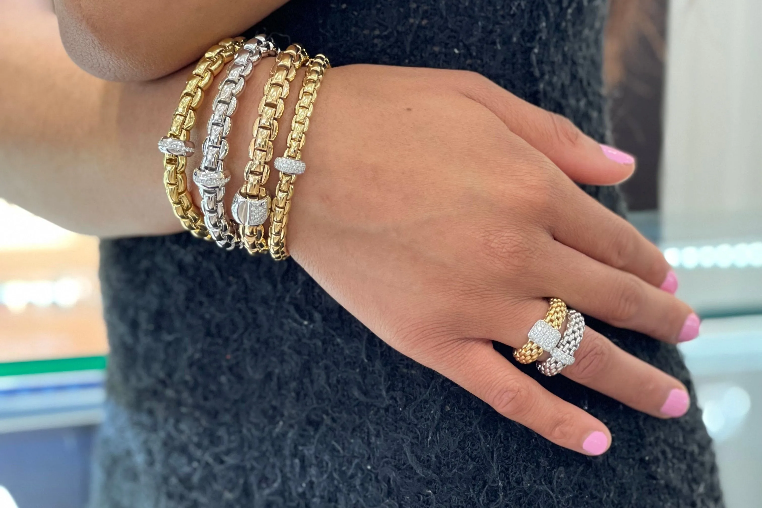FOPE 'EKA' Alternating Diamond Panel Rondel Stretchy Bracelet (602B)